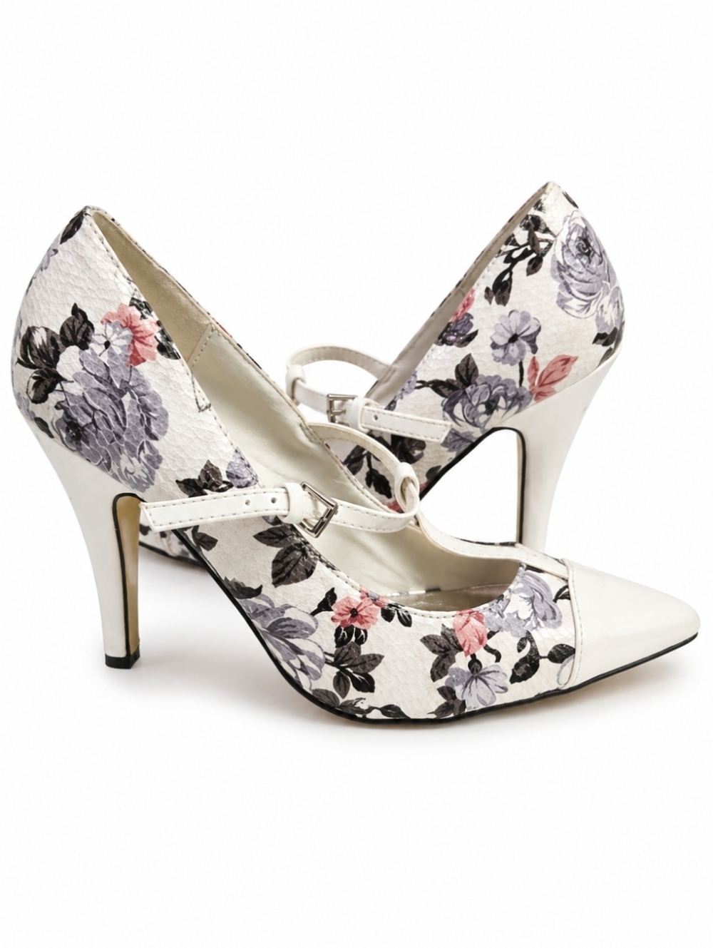 Jessica Floral T-Strap Heels White Pointed Toe Pumps Elegant Patterned Heels